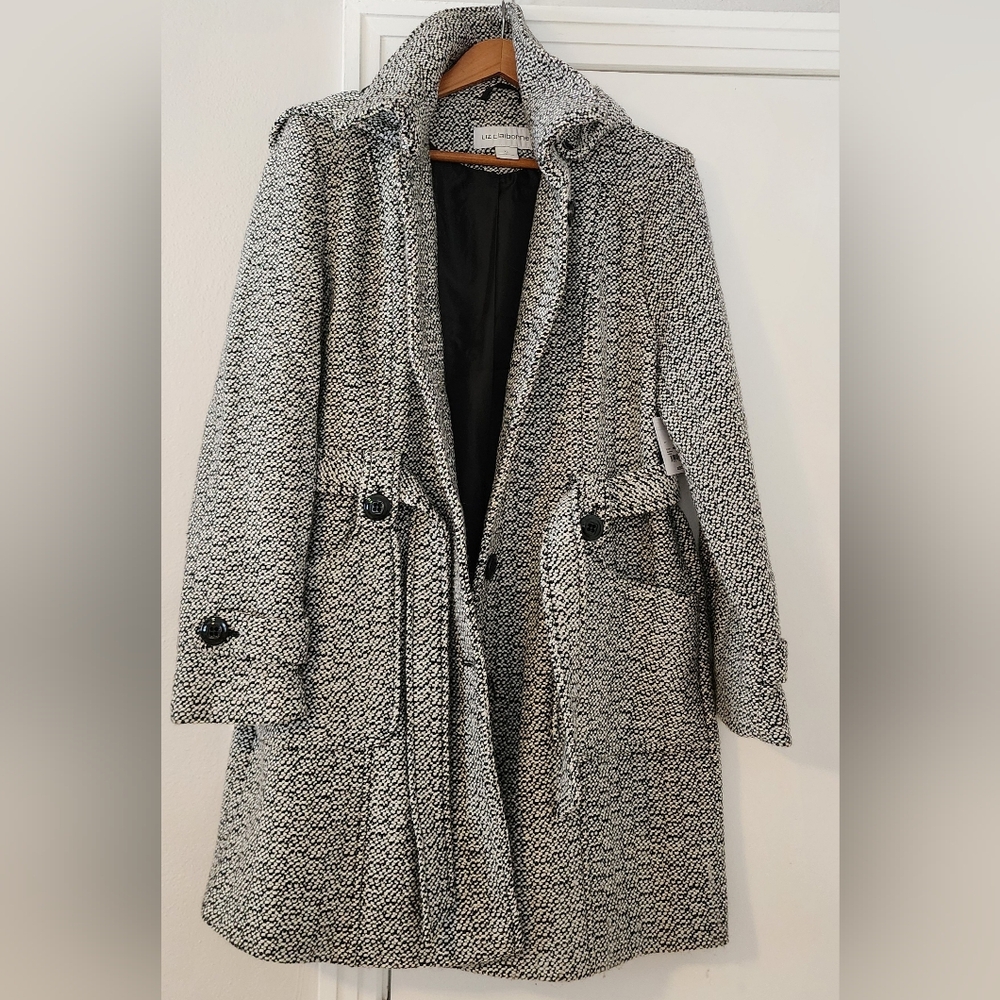 Women's Liz Claiborne Black & White Belted Hooded Coat  Wool Blend Size XL